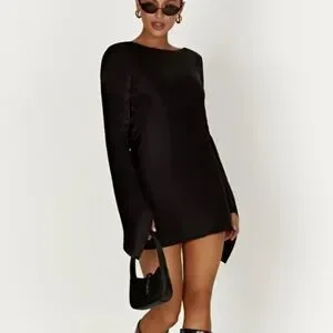 Meshki Dresses Meshki Davina Long Sleeve Low Back Satin Black